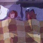  0hpotato 1girl bed bed_sheet bird child closed_eyes digimon digimon_(creature) digimon_adventure head_on_pillow on_bed orange_hair pink_shirt piyomon shirt short_hair sleeping takenouchi_sora 