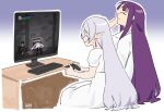  2girls :3 closed_eyes dark_souls_(series) dark_souls_iii earrings facepalm fern_(sousou_no_frieren) fikkyun frieren hair_down highres jewelry long_hair mimic mimic_chest monitor multiple_girls oekaki playing_games purple_hair short_sleeves signature sitting sousou_no_frieren very_long_hair white_hair 