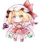  1girl back_bow blonde_hair blush bobby_socks bow chibi closed_mouth collared_shirt crystal flandre_scarlet frilled_shirt_collar frilled_skirt frills full_body hat holding holding_polearm holding_weapon kokochi laevatein_(touhou) large_bow looking_at_viewer mary_janes medium_hair mob_cap multicolored_wings one_side_up pigeon-toed polearm red_eyes red_footwear red_skirt red_vest shirt shoes short_sleeves skirt skirt_set socks solo touhou vest weapon white_bow white_headwear white_shirt white_socks wings 