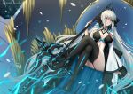  1girl black_bow black_dress black_footwear blue_eyes boots bow braid breasts center_opening cleavage crossed_legs dress fate/grand_order fate_(series) french_braid glowing glowing_weapon grey_hair hair_bow highres holding holding_weapon large_breasts long_hair long_sleeves looking_at_viewer morgan_le_fay_(fate) pelvic_curtain ponytail ryuuneart sidelocks sitting solo staff thigh_boots thighhighs thighs throne two-tone_dress very_long_hair weapon white_dress wide_sleeves 