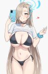  1girl absurdres asuna_(blue_archive) bikini black_bikini black_choker blonde_hair blue_archive blue_eyes breasts cellphone chagama_teishoku choker clothes_lift grin hair_over_one_eye halo highres holding holding_phone large_breasts long_hair mole mole_on_breast navel phone scrunchie selfie shirt_lift simple_background skindentation smartphone smile solo stomach swimsuit very_long_hair white_background wrist_scrunchie 