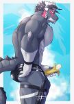  abs absurd_res anthro banana butt clothing dragon embarrassed food food_fetish fruit giansar grey_body hi_res horn knife lifewonders live_a_hero male muscular muscular_anthro muscular_male ortwin_rd pecs plant solo speedo suggestive suggestive_food swimwear thigh_strap 