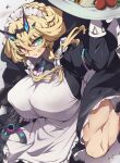  1girl absurdres apron barghest_(fate) barghest_(swimsuit_archer)_(fate) black_dress blonde_hair breasts collared_dress dress fate/grand_order fate_(series) food gloves green_eyes gun heterochromia highres horns huge_breasts kneeling long_sleeves looking_at_viewer maid maid_headdress medium_hair muscular muscular_female plate red_eyes solo toyosu weapon white_apron white_gloves 