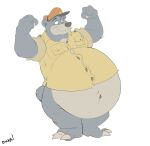  2022 anthro baloo bear belly belly_tuft big_belly bottomless bottomless_anthro bottomless_male canson chubby_anthro chubby_male claws clothed clothing disney fist fur half-closed_eyes hat headgear headwear hi_res jacket legs_together male mammal mouth_closed narrowed_eyes navel overweight overweight_anthro overweight_male raised_arm raised_arms signature slightly_chubby smile solo talespin the_jungle_book toe_claws topwear tuft 