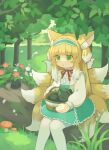  1girl absurdres animal_ear_fluff animal_ears arknights basket black_cat blonde_hair cardigan cat chinese_commentary colored_tips commentary cross-laced_clothes cross-laced_skirt cross-laced_slit crossover fox_ears fox_girl fox_tail frilled_hairband frills green_eyes green_hairband green_skirt hairband heixiu high-waist_skirt highres in_basket long_sleeves luchiluchi luo_xiaohei luo_xiaohei_zhanji multicolored_hair neck_ribbon official_alternate_costume outdoors pantyhose parted_lips puffy_long_sleeves puffy_sleeves red_ribbon ribbon shirt sitting skirt solo suzuran_(arknights) suzuran_(spring_praise)_(arknights) tail white_cardigan white_hair white_pantyhose white_shirt 