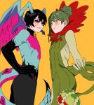  2boys black_gloves black_hair black_pants black_sclera blush bodysuit claws clenched_teeth colored_sclera e.g.o_(project_moon) flower folded_ponytail gloves green_bodysuit green_gloves green_hair highres horns library_of_ruina looking_at_viewer mu46016419 multiple_boys netzach_(project_moon) pants pink_eyes porccubus project_moon queen_of_hatred red_flower roland_(library_of_ruina) simple_background sweat tail teeth topless_male white_sleeves wings yellow_background yellow_eyes 