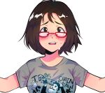  1girl breasts brown_eyes brown_hair commentary english_commentary glasses grey_shirt highres large_breasts medium_hair ookumo-chan_flashback open_mouth outstretched_arms red-framed_eyewear shirt solo suzuki_oya sweat t-shirt upper_body vmifishi 