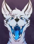  anthro blue_body blue_eyes blue_fur blue_pupils blue_sclera blue_tongue bodily_fluids canid cheek_tuft facial_tuft fangs front_view fur gaping_mouth hair hi_res inner_ear_fluff lionfloof looking_at_viewer male mammal mouth_shot open_mouth pupils saliva saliva_string short_hair simple_background solo teeth tongue tuft white_body white_fur white_hair white_inner_ear_fluff 