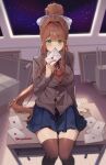  1girl absurdres black_socks black_thighhighs blazer blue_skirt blush bow breasts brown_hair desk doki_doki_literature_club dot_nose feet_out_of_frame from_above green_eyes hair_bow highres holding holding_letter holding_paper jacket large_breasts letter long_hair looking_at_viewer monika_(doki_doki_literature_club) neck_ribbon on_desk onyang paper pen pleated_skirt ponytail ribbon school_desk school_uniform shirt sitting sitting_on_desk skirt socks solo space thighhighs tile_floor tiles white_bow white_ribbon white_shirt 