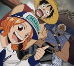  1girl 2boys :d axe_hand_morgan bare_shoulders black_eyes black_hair blonde_hair blue_headwear closed_mouth dark-skinned_male dark_skin hat highres long_sleeves monkey_d._luffy multiple_boys nami_(one_piece) one_piece open_mouth pointing pointing_at_another shirt short_hair smile sony_(gaysony) straw_hat teeth weapon white_headwear 