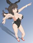  1girl absurdres animal_ears black_hair black_leotard blue_background breasts cleavage closed_mouth covered_navel fake_animal_ears fake_tail full_body girls_und_panzer grey_eyes high_heels highres huaronanago large_breasts leotard long_hair nishizumi_shiho playboy_bunny rabbit_ears rabbit_tail simple_background solo tail 