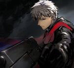  1boy archer_(fate) black_gloves cape dark-skinned_male dark_skin fate/grand_order fate_(series) frown gloves gun handgun holding holding_gun holding_weapon long_sleeves looking_at_viewer nishiide_kengorou red_cape shirt short_hair solo upper_body weapon white_hair 