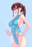  1girl breasts brown_hair chinatsu_(suzutsuki_kurara) green_eyes hair_ornament hairclip hand_on_own_hip highleg highleg_swimsuit highres large_breasts one-piece_swimsuit original ponytail sideboob suzutsuki_kurara swimsuit v 