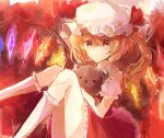  1girl blonde_hair closed_mouth collared_shirt crystal feet_out_of_frame flandre_scarlet frilled_shirt_collar frilled_skirt frilled_sleeves frills glowing glowing_wings hair_between_eyes hat holding holding_stuffed_toy kneehighs looking_at_viewer medium_hair mob_cap multicolored_wings one_side_up puffy_short_sleeves puffy_sleeves red_background red_eyes red_skirt red_theme red_vest remokawa shirt short_sleeves skirt skirt_set socks solo stuffed_animal stuffed_toy teddy_bear touhou vest white_headwear white_shirt white_socks wings 