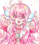  ahoge blue_bow blue_gemstone blush bow colorful dress elsword fingersmile gem hair_bow happy highres laby_(elsword) long_hair long_sleeves looking_at_viewer low_twintails open_mouth pink_bow pink_dress pink_eyes pink_hair puffy_long_sleeves puffy_sleeves radiant_soul_(elsword) sidelocks simple_background smile tkylv1683 twintails two-tone_bow upper_body very_long_hair white_background 