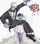  ! 1boy 1girl absurdres black_footwear black_necktie blue_hair bouquet carrying closed_mouth dress fiery_hair full_body grey_hair height_difference hetero highres holding holding_bouquet husband_and_wife juneplums lanz_(xenoblade) medium_dress necktie princess_carry sena_(xenoblade) smile tuxedo wedding wedding_dress white_dress white_hair xenoblade_chronicles_(series) xenoblade_chronicles_3 