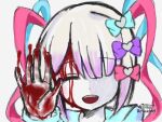  1girl blood blood_on_face blood_on_hands bow chouzetsusaikawa_tenshi-chan closed_eyes hair_bow horror_(theme) human_experiment_(wwinterdotcom) needy_girl_overdose smile solo teeth twintails upper_teeth_only 