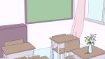  chair chibikki classroom commentary curtains desk english_commentary flower highres implied_suicide indoors lily_(flower) memorial_on_desk no_humans oekaki original school_chair school_desk vase window 