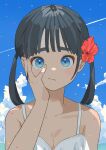  1girl :/ absurdres black_hair blue_eyes blue_sky breasts canty! cleavage cloud flower hair_flower hair_ornament hand_on_own_cheek hand_on_own_face hand_up highres looking_at_viewer medium_hair original outdoors red_flower sky solo star_(symbol) symbol_in_eye twintails 