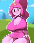  adventure_time blurred_background blush breasts candy candy_humanoid cartoon_network cleavage clothed clothing cooliehigh dessert female food food_creature food_humanoid hair hi_res humanoid living_candy not_furry pink_body pink_hair princess_bubblegum simple_eyes smile solo 