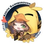 1girl aerith_gainsborough animal_hood artist_name bird_hood black_choker border brown_hair cat_princess character_name chibi chocobo choker curly_hair fang final_fantasy_vii_ever_crisis green_eyes halloween_costume hand_up heart holding holding_staff hood hood_up looking_at_viewer official_alternate_costume one_eye_closed parted_bangs sidelocks solo staff white_border 
