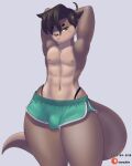  2023 3:4 abs anthro bottomwear bulge clothed clothing digital_media_(artwork) hands_behind_head hi_res male mammal mr-shin mustelid nipples otter patreon patreon_logo river_otter shin_(mr-shin) solo thick_thighs thong_straps topless topless_anthro topless_male wide_hips year 