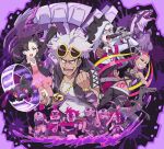  5boys 5girls absurdres arm_up bandana bandana_over_mouth banner black_eyeshadow black_hair black_jacket black_pants bracelet breasts chain choker clenched_hand crop_top dress eyeshadow eyewear_on_head facepaint flag gold_chain golisopod green_eyes grin guzma_(pokemon) hair_ornament hat highres holding holding_flag holding_microphone jacket jewelry makeup marnie_(pokemon) medium_breasts microphone microphone_stand morpeko morpeko_(hangry) multicolored_hair multiple_boys multiple_girls navel obstagoon open_mouth outstretched_arm pants piers_(pokemon) pink_background pink_dress pink_hair pink_theme plumeria_(pokemon) pointing pointing_at_viewer pokemoa pokemon pokemon_(creature) pokemon_(game) pokemon_masters_ex pokemon_sm pokemon_swsh purple_background purple_theme salazzle shirt skull_hair_ornament small_breasts smile splatter_background stomach stomach_tattoo streaked_hair tattoo team_skull team_skull_grunt team_yell team_yell_grunt teeth twintails v-shaped_eyebrows watch white_hair white_jacket white_shirt wristwatch 