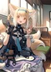  1girl :d absurdres animal_ear_fluff animal_ears arknights bare_shoulders black_collar black_gloves blonde_hair blue_hairband braid braided_hair_rings collar commentary_request double_v dress fox_ears fox_girl fox_tail frilled_dress frills gloves hair_rings hairband highres id_card infection_monitor_(arknights) kitsune kyuubi long_hair looking_at_viewer multicolored_hair multiple_tails off-shoulder_dress off_shoulder open_mouth orange_eyes oripathy_lesion_(arknights) pantyhose purple_dress single_glove sitting smile solo suzuran_(arknights) tail train_interior twin_braids two-tone_hair v welt_(kinsei_koutenkyoku) white_hair white_pantyhose 