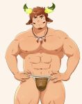  1boy abs animal_ears bara brown_eyes brown_hair bulge cow_boy cow_ears cow_horns facial_hair feather_necklace feet_out_of_frame fiery_horns forked_eyebrows glowing_horns goatee hands_on_own_hips highres horns jewelry kosuke_(ksk11ksk11) large_pectorals looking_at_viewer male_focus muscular muscular_male navel necklace nipples pectorals rugby_underwear short_hair sideburns solo spiked_hair standing stomach thick_eyebrows thick_thighs thighs tokyo_afterschool_summoners topless_male wakan_tanka 
