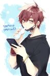  1boy black_mask black_shirt blue_background cup highres holding holding_cup kajiyama_fuuta kao_ru05 looking_at_viewer male_focus mask milgram mouth_mask multicolored_background red_eyes red_hair shirt short_hair short_sleeves solo translation_request white_background wristband 