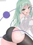  1girl alternate_breast_size alternate_hair_length alternate_hairstyle arched_back ass bare_shoulders black_panties black_thighhighs blush breasts cleavage commentary_request covering_mouth curvy eyelashes fingernails from_behind good_ass_day green_eyes green_hair hair_between_eyes hand_up head_tilt highres komeiji_koishi large_breasts long_hair looking_at_viewer looking_back naughty_face open_mouth panties part1550105 shiny_skin shirt simple_background sleeves_past_wrists smile solo thighhighs third_eye touhou twitter_username underwear white_background white_shirt 