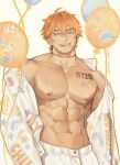  1boy abs alternate_pectoral_size balloon bara bare_pectorals blue_eyes commentary earrings genshin_impact hair_between_eyes heithanoll highres jacket jewelry large_pectorals male_focus mature_male muscular muscular_male navel nipples open_clothes orange_hair pants pectorals short_hair single_earring smile solo tartaglia_(genshin_impact) white_pants 