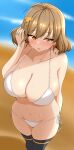  1girl aizawa_u-ji anis_(nikke) beach bikini blush breasts brown_eyes brown_hair cleavage collarbone from_above goddess_of_victory:_nikke hair_ornament hand_up highres huge_breasts open_mouth outdoors short_hair sweat swimsuit thighhighs white_bikini 