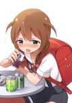  1girl alcohol aqua_eyes baba_konomi backpack bag blush braid brown_hair buchi_(y0u0ri_) can drunk elbow_on_table grey_skirt hair_over_shoulder holding holding_can idolmaster idolmaster_million_live! idolmaster_million_live!_theater_days long_hair looking_at_viewer open_mouth pleated_skirt randoseru round_teeth shirt short_sleeves simple_background single_braid sitting skirt solo suspender_skirt suspenders table teeth white_background white_shirt 