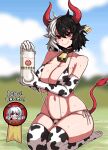  1girl animal_ears animal_print bell bikini blue_sky blurry blurry_background bottle collar cow_ears cow_girl cow_horns cow_print cow_tail cowbell elbow_gloves embarrassed formicid gloves grasslands highres holding holding_bottle horns looking_at_viewer milk milk_bottle multicolored_bikini multicolored_clothes multicolored_hair outdoors red_eyes sky solo sweat swimsuit tail thick_thighs thighhighs thighs touhou toutetsu_yuuma two-tone_hair ushizaki_urumi 
