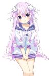  1girl absurdres adult_neptune blush bubun_oo choker cosplay d-pad d-pad_hair_ornament hair_ornament highres hood hooded_jacket jacket long_hair looking_at_viewer neptune_(neptune_series) neptune_(neptune_series)_(cosplay) neptune_(series) nervous_smile no_bra off_shoulder purple_eyes purple_hair sitting smile solo very_long_hair white_choker white_jacket 