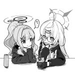  2girls absurdres ahoge blue_archive braid calciumin can cellphone collared_shirt cross_hair_ornament glasses gloves greyscale hair_between_eyes hair_ornament halo hare_(blue_archive) highres holding holding_phone hood hood_down hoodie kotama_(blue_archive) long_hair long_sleeves monochrome monster_energy multiple_girls necktie open_mouth phone ponytail shirt simple_background single_braid smartphone speech_bubble white_background x_hair_ornament 