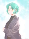  aqua_hair bang_dream! black_shirt cardigan green_eyes grey_cardigan highres hikawa_sayo light_blue_background looking_at_viewer open_mouth portrait shirt short_hair xin_(blueramen) 