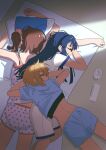  3girls absurdres alternate_costume bed_sheet camisole crack_of_light epitaph_(1122) from_above highres ibuki_tsubasa idolmaster idolmaster_million_live! indoors kasuga_mirai lying lying_on_person median_furrow mogami_shizuka multiple_girls on_stomach polka_dot polka_dot_camisole polka_dot_shorts shorts sleeping sweat 