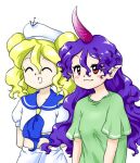  1girl 2girls anchor_symbol blonde_hair blue_sailor_collar check_commentary closed_eyes commentary commentary_request cropped_shirt green_shirt hat horns kitashirakawa_chiyuri long_hair multiple_girls nonamejd open_mouth pointy_ears purple_hair purple_horns red_eyes sailor sailor_collar sailor_hat shirt short_hair short_sleeves shorts simple_background single_horn smile tenkajin_chiyari touhou touhou_(pc-98) twintails white_background white_shorts zun_(style) 