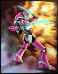  1girl alien arcee armor ass blue_eyes breasts colored_skin curvy energy_sword explosion humanoid_robot looking_at_viewer mammona panties pink_lips pink_panties robot smile solo sword thighs transformers transformers_animated underwear weapon 
