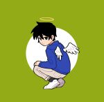  1boy angel angel_wings black_eyes black_hair blue_hoodie brown_pants chinese_commentary closed_mouth commentary_request feathered_wings full_body green_background grey_socks halo highres hood hood_down hoodie kageyama_ritsu long_sleeves looking_at_viewer male_focus meowzng mob_psycho_100 pants shoes short_hair simple_background sneakers socks solo squatting white_footwear white_wings wings 