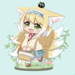  1girl :d ame_(mito4104) animal_ear_fluff animal_ears ankle_socks arknights bag basket black_cat blonde_hair blunt_ends blush bobby_socks brown_bag brown_footwear cardigan cat chibi commentary creature_on_head cross-laced_clothes cross-laced_skirt cross-laced_slit crossover fang fox_ears fox_girl fox_tail frilled_hairband frills full_body green_eyes green_hairband green_skirt hairband heixiu high-waist_skirt highres holding holding_basket kitsune kyuubi long_hair long_sleeves luo_xiaohei_zhanji mary_janes multicolored_hair multiple_tails neck_ribbon official_alternate_costume on_head open_cardigan open_clothes open_mouth puffy_long_sleeves puffy_sleeves red_ribbon ribbon shirt shoes shoulder_bag skin_fang skirt smile socks solo suzuran_(arknights) suzuran_(spring_praise)_(arknights) tail two-tone_hair white_hair white_shirt white_socks yellow_cardigan 