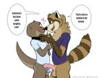  anthro balls blush bottomless chastity_cage chastity_device clothed clothing dialogue duo english_text felix_(nik159) foreskin genitals hi_res humanoid_genitalia humanoid_penis key male male/male mammal mustelid nik_(nik159) nikraccoom otter penis procyonid raccoon simple_background text white_background 