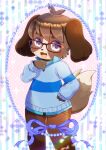  animal_ears blue_shirt blue_sweater brown-framed_eyewear brown_hair brown_pants collared_shirt commentary_request commission dog_ears dog_tail dress_shirt feet_out_of_frame furry glasses grey_eyes hair_between_eyes hand_on_own_hip hand_up kou_hiyoyo long_sleeves original pants pink_background polka_dot polka_dot_background puffy_long_sleeves puffy_sleeves shirt skeb_commission sleeves_past_wrists solo sparkle standing striped striped_background sweater tail thick_eyebrows vertical_stripes 