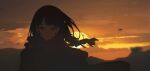  1girl backlighting bangs black_hair blunt_bangs braid chongzhen_085 chromatic_aberration closed_mouth cloud cloudy_sky expressionless floating_hair highres long_hair looking_at_viewer mountainous_horizon original outdoors portrait red_eyes red_scarf scarf sky solo sun sunset wind 