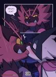  2023 agious anthro blush comic dialogue duo english_text felid feline female generation_7_pokemon generation_9_pokemon group hi_res incineroar kissing male mammal meowscarada nintendo plant pokemon pokemon_(species) surprise_kiss text tongue tree url wood 