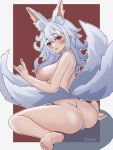  1girl animal_ear_fluff animal_ears ass bare_shoulders barefoot blush breasts censored completely_nude coubalty extra_ears fox_ears fox_girl fox_tail hair_between_eyes heart heart_censor highres kitsune lips long_hair looking_at_viewer medium_breasts mole mole_under_eye multiple_tails nijisanji nijisanji_en nina_kosaka nipples nude parted_lips pussy red_eyes red_nails smile solo tail toes virtual_youtuber white_hair 