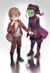  1boy 1girl aged_down bag baggy_pants black_footwear blush boots braid braided_bun brown_pants child closed_eyes closed_mouth collared_jacket colored_skin full_body gamora gradient_hair green_skin grey_bag guardians_of_the_galaxy hair_bun hand_up headphones headphones_around_neck holding holding_hands jacket light_brown_hair long_sleeves looking_at_another marvel marvel_cinematic_universe ming_(5unri5e666) multicolored_hair open_clothes open_jacket pants peter_quill pink_hair purple_eyes purple_footwear purple_hair purple_pants purple_shirt red_jacket reflection shirt short_hair sidelocks simple_background smile standing sweatdrop t-shirt teeth twin_braids v-shaped_eyebrows white_background white_shirt wide_sleeves 