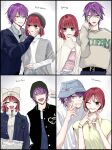  4boys 4girls arima_kana beret black_headwear black_jacket blue_headwear blue_jacket bob_cut closed_mouth happy hat highres inverted_bob jacket looking_at_viewer multiple_boys multiple_girls narushima_melt one_eye_closed open_mouth oshi_no_ko purple_hair red_eyes red_hair shirt short_hair simple_background smile sweater tongue tongue_out upper_body user_emxx4224 white_background white_shirt yellow_eyes 